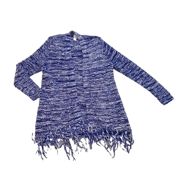 Chicos blue marled nubby Cotton blend midweight cardigan with fringe large - Picture 3 of 10